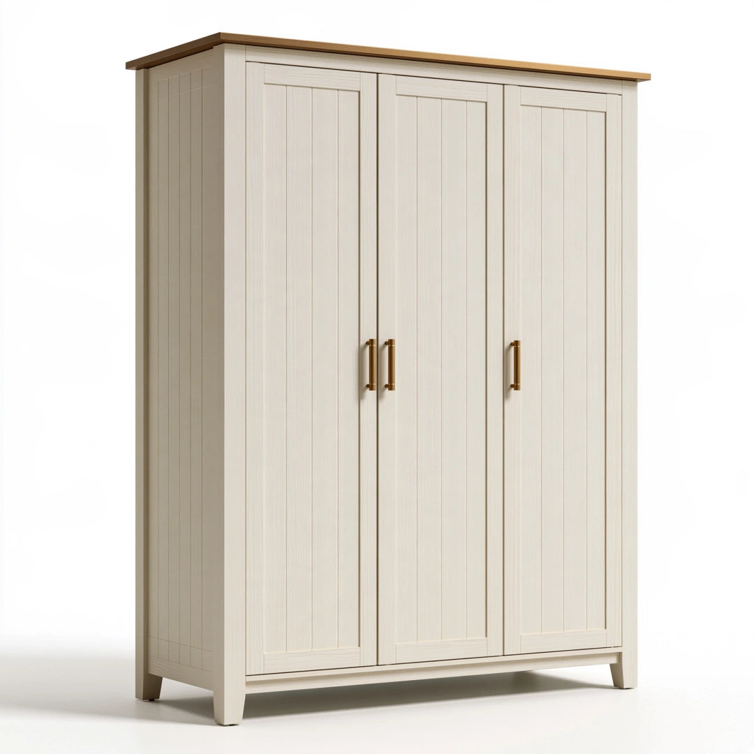 Kleiderschrank 150 x 60 x 200 cm aus Holz in Cremeweiß - dreitüriger Landhausstil Aufbewahrungsschrank