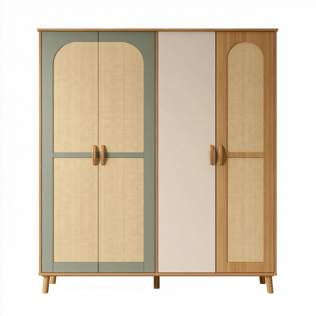 Kleiderschrank 180 x 55 x 190 cm Holz Rattangeflecht Grün Beige im Retro-Stil