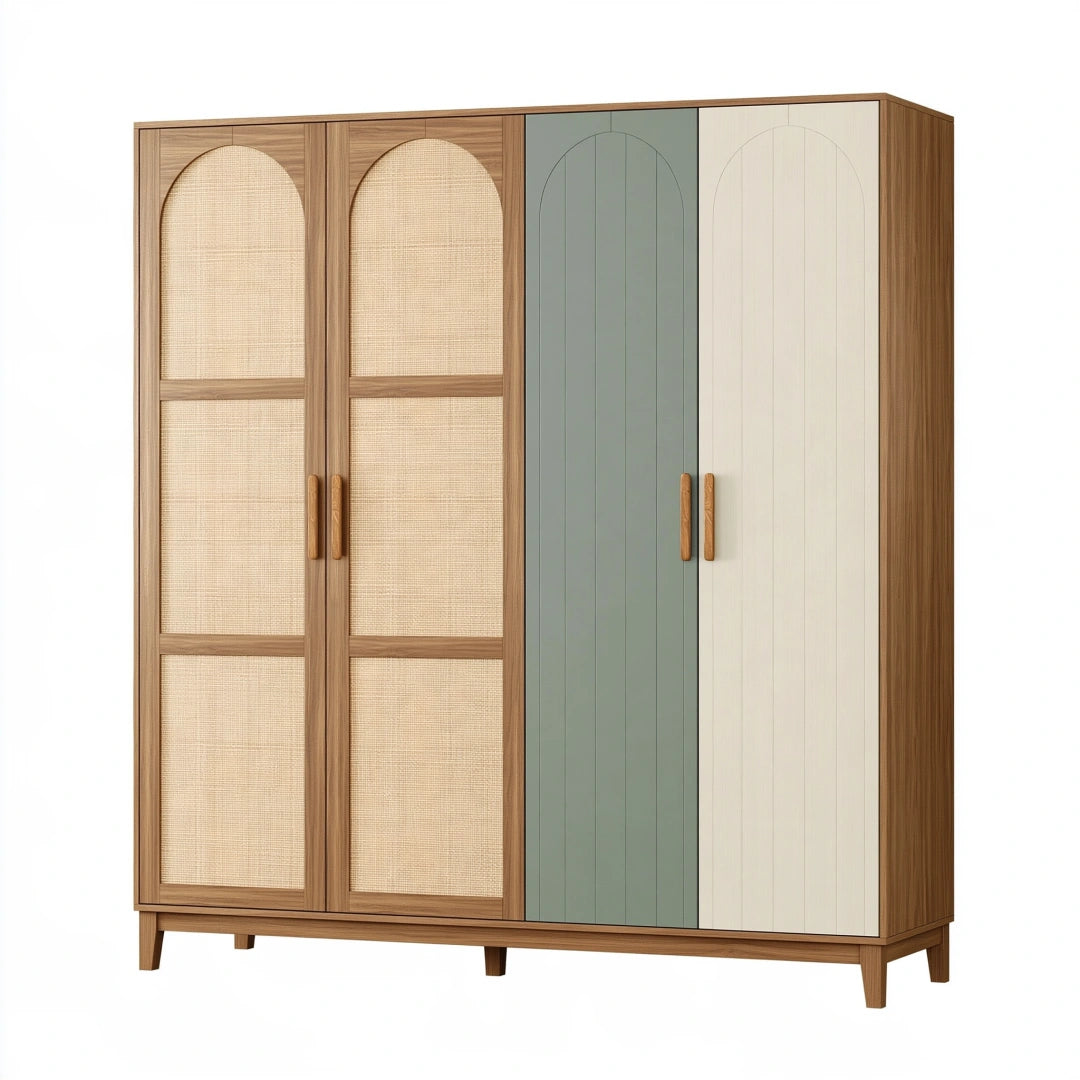 Kleiderschrank 180 x 55 x 200 cm Holz Rattan Beige Grün mit 4 Türen