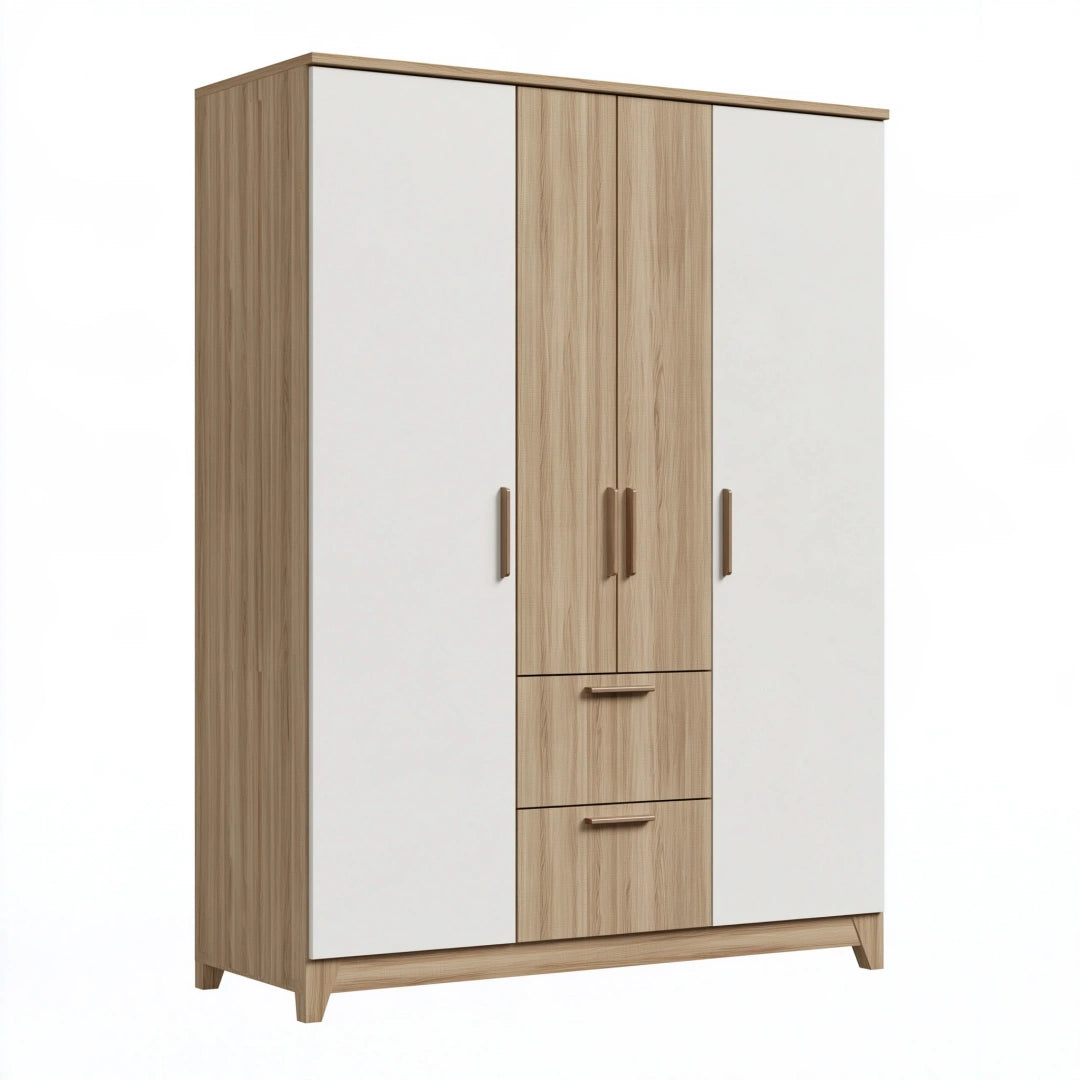 Kleiderschrank 120 x 50 x 200 cm Holzwerkstoff Weiß Eicheoptik mit 4 Türen und 2 Schubladen