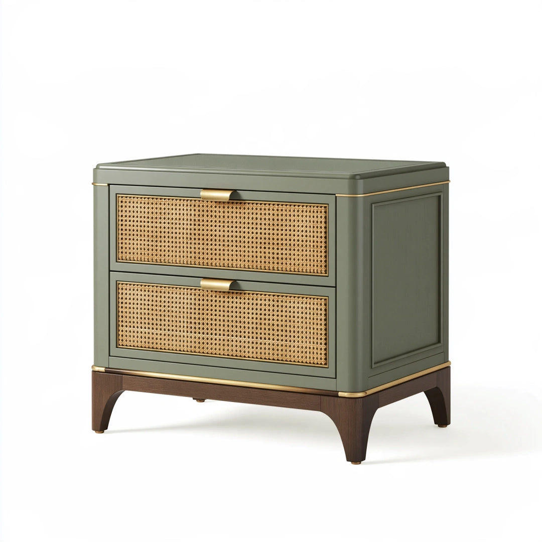 Nachtkommode 70 x 42 x 65 cm aus Holz in Olivgrün mit Rattan-Schubladen im Vintage-Stil