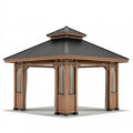 Pavillon 300 x 300 x 330 cm aus Holz und Metall in Braun Schwarz mit Vorhängen