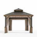 Gartenpavillon 300 x 300 cm Metall Holzoptik Taupe mit Vorhängen