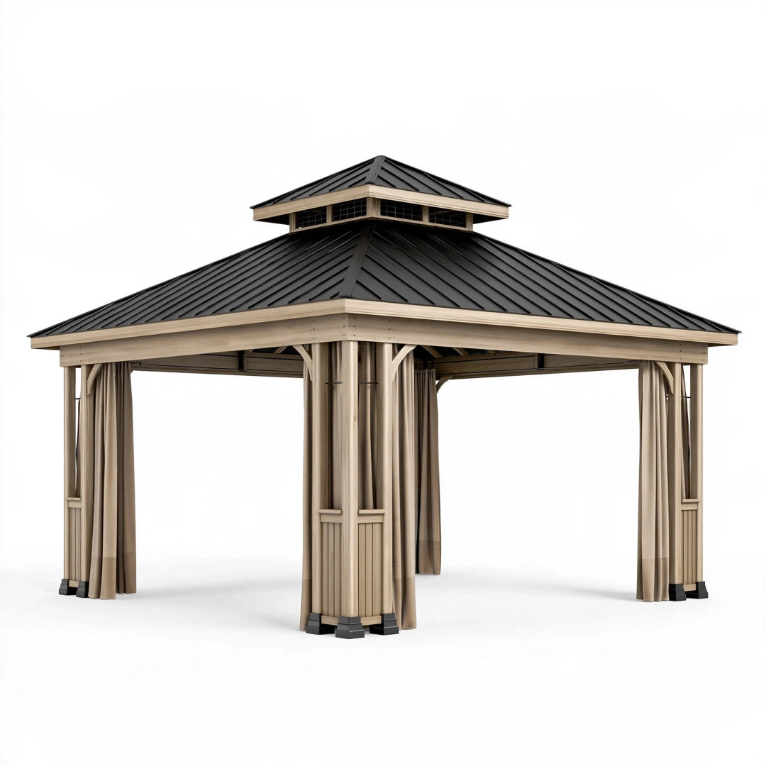 Gartenpavillon 300 x 300 x 300 cm Holz Metall Beige Schwarz mit Vorhängen