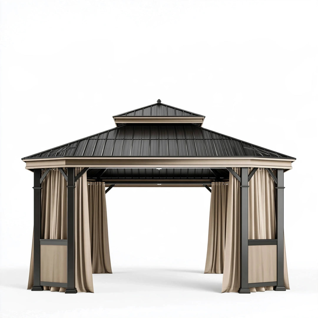 Pavillon 300 x 300 x 300 cm aus Stahl Schwarz Beige mit Metalldach und Seitvorhängen