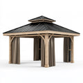 Gartenpavillon 400 x 400 x 330 cm Holz Schwarz Beige mit Metall Dach und Vorhängen