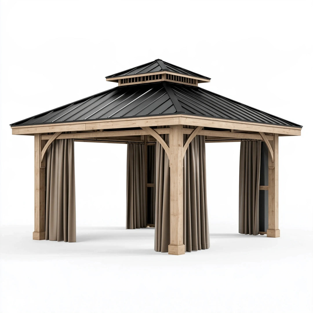 Gartenpavillon 400 x 400 x 330 cm Holz Schwarz Beige mit Metall Dach und Vorhängen