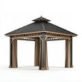 Gartenpavillon 300 x 300 x 300 cm Metall Braun mit Textilvorhängen für Terrasse