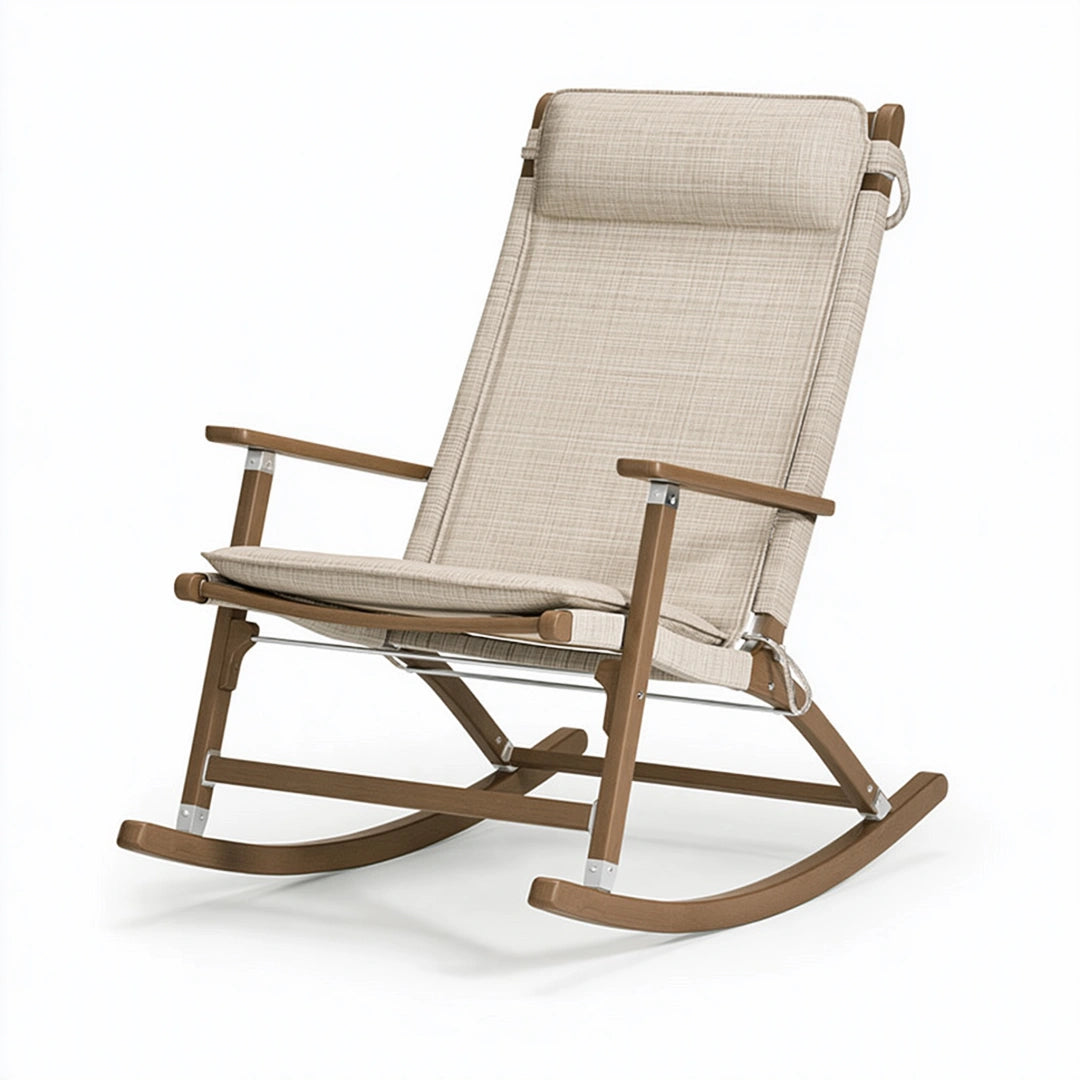Schaukelstuhl 100 x 68 x 104 cm aus Holz und Textilgewebe in Braun Beige mit verstellbarer Rückenlehne