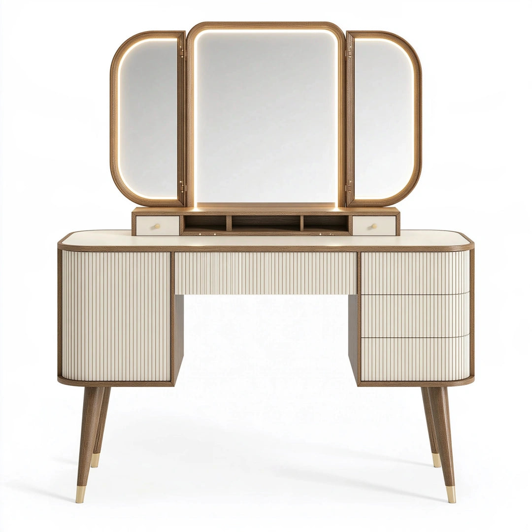 Schminktisch 120 x 50 x 150 cm Creme Goldbraun aus Holzwerkstoff mit dreiteiligem Spiegel und Beleuchtung