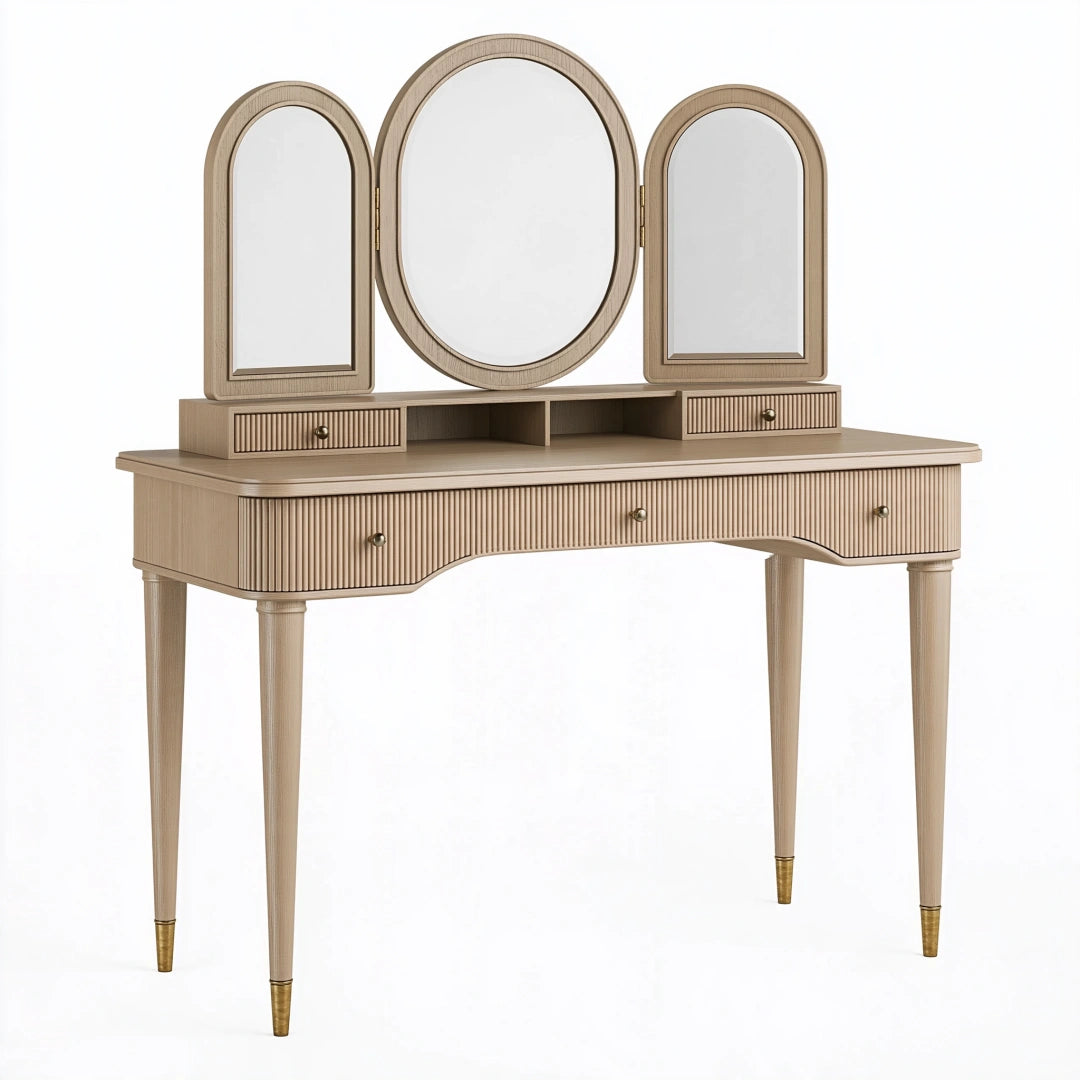 Schminktisch 120 x 45 x 150 cm aus Holzwerkstoff in Beige mit Dreifachspiegel und Schubladen