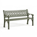 Gartenbank 150 x 60 x 90 cm aus Metall olivgrün für Außenbereich mit Ornament-Rückenlehne