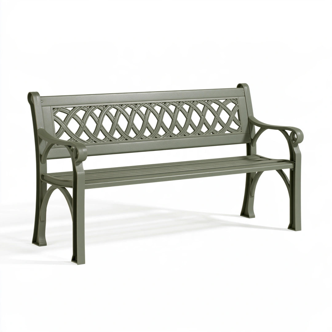 Gartenbank 150 x 60 x 90 cm aus Metall olivgrün für Außenbereich mit Ornament-Rückenlehne